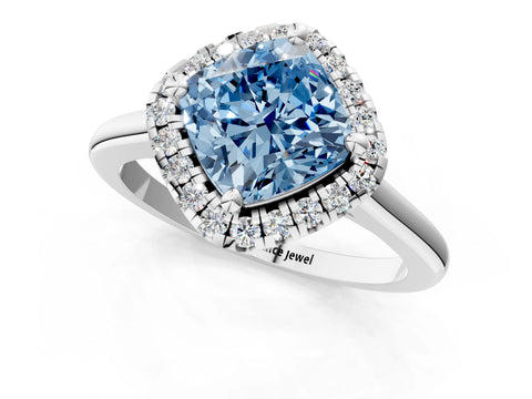 White gold Fancy Blue Cushion Cut Halo Round Diamond Solitaire Engagement Ring with Pave Band and Four-Prong Setting_25