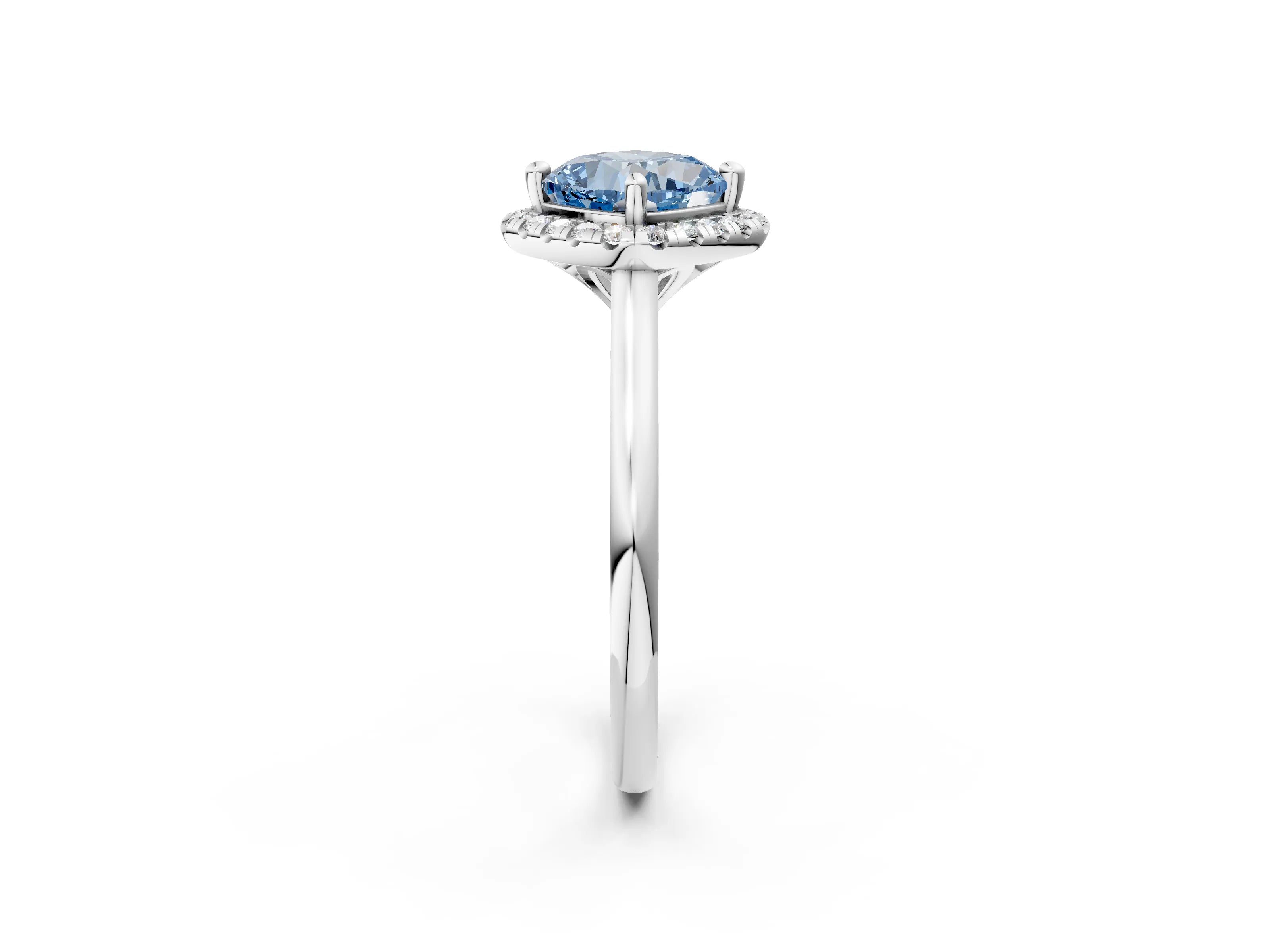 White gold Fancy Blue Cushion Cut Halo Round Diamond Solitaire Engagement Ring with Pave Band and Four-Prong Setting_26