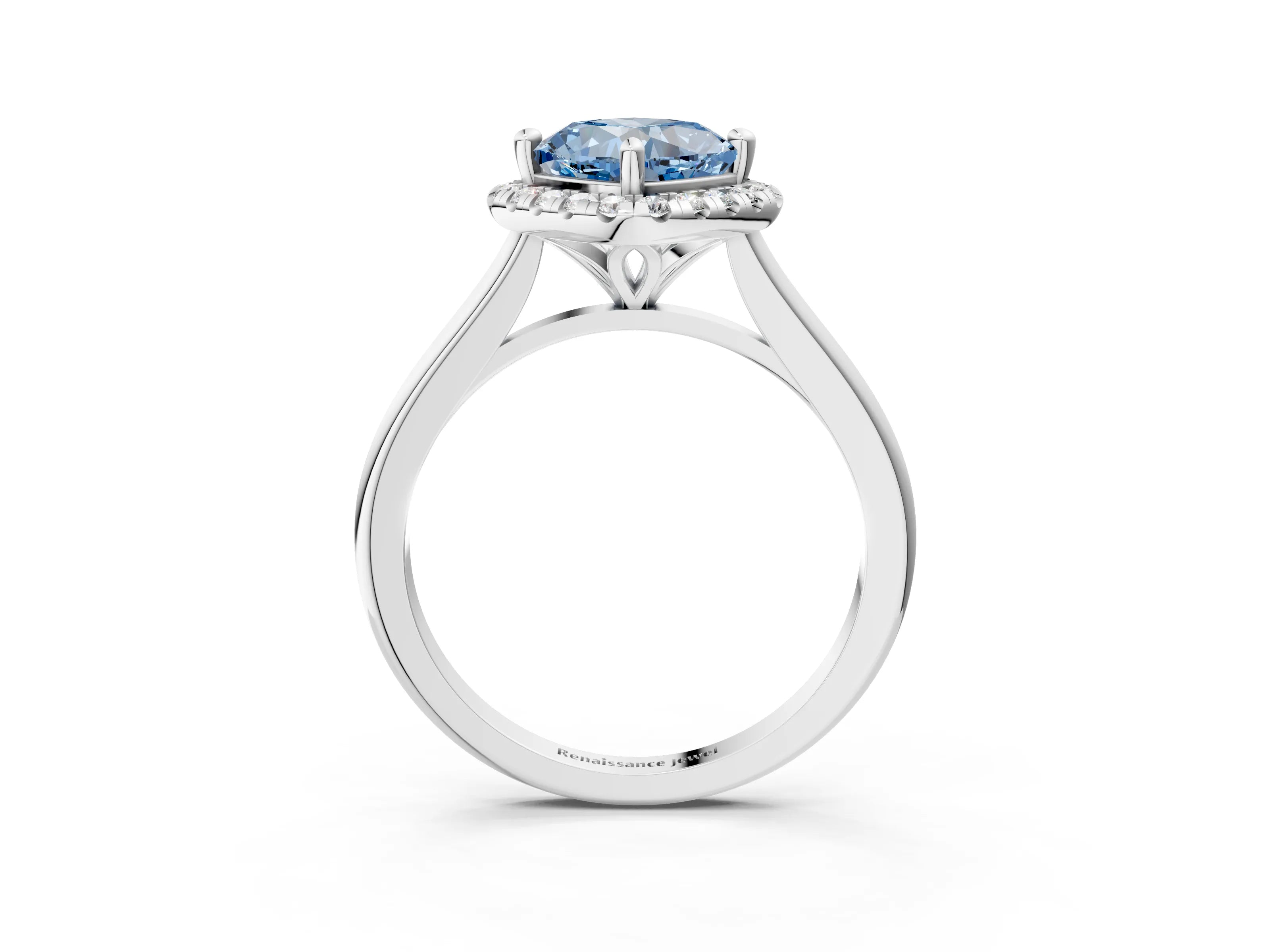 White gold Fancy Blue Cushion Cut Halo Round Diamond Solitaire Engagement Ring with Pave Band and Four-Prong Setting_27