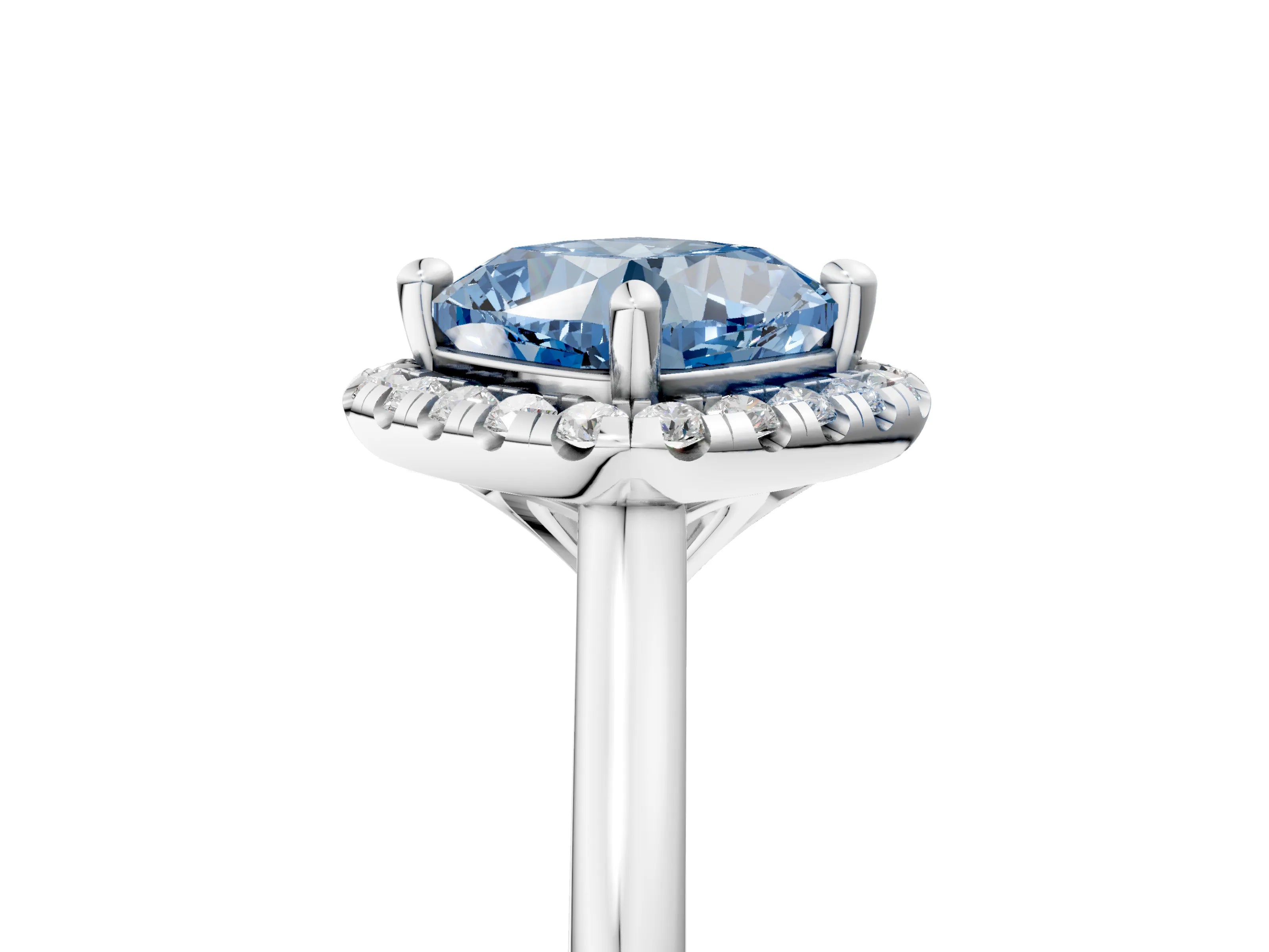 White gold Fancy Blue Cushion Cut Halo Round Diamond Solitaire Engagement Ring with Pave Band and Four-Prong Setting_29