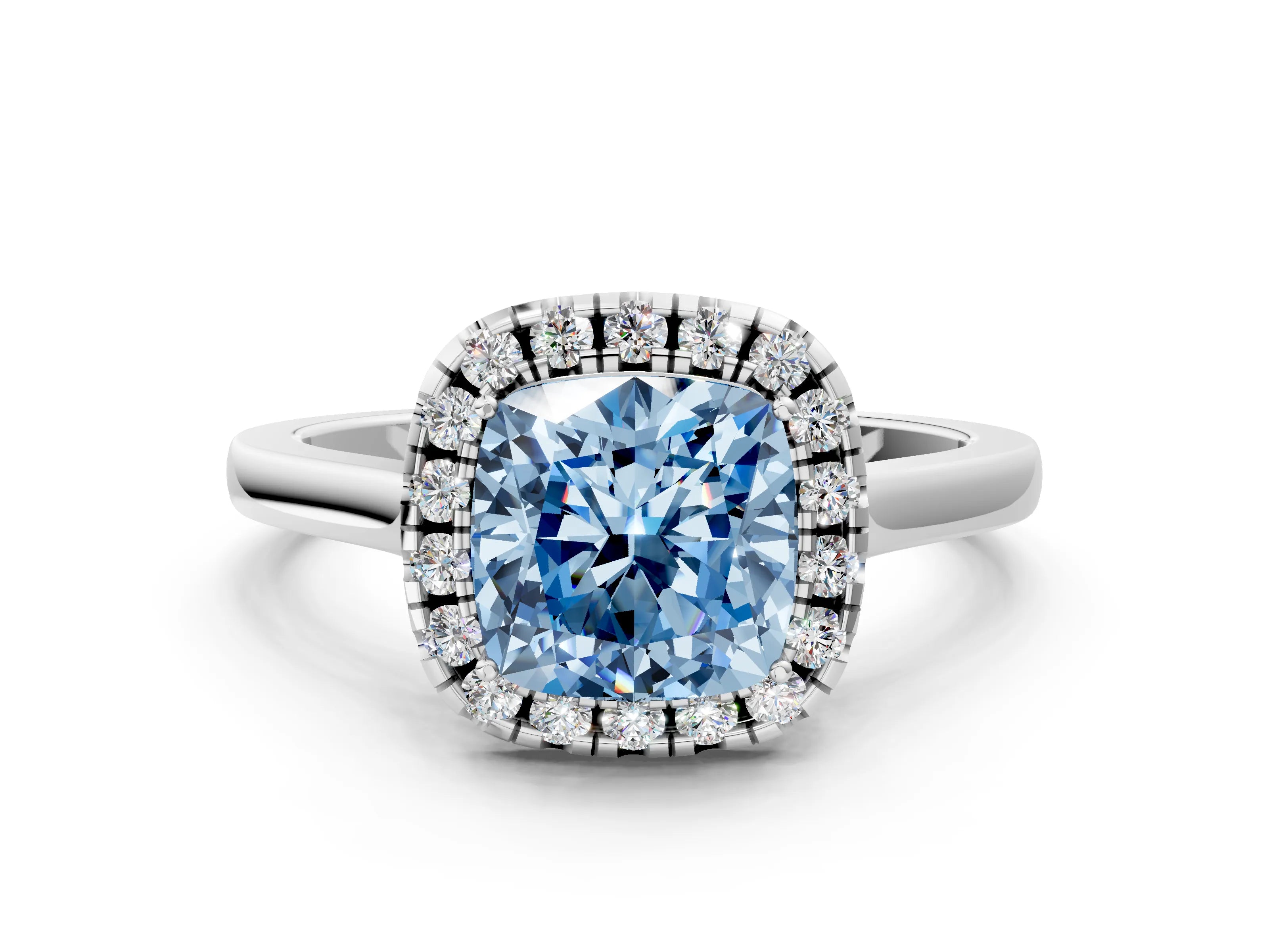 White gold Fancy Blue Cushion Cut Halo Round Diamond Solitaire Ring with Pavé Band and Four-Prong Setting_12