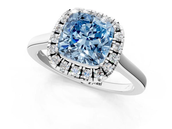Platinum Fancy Blue Cushion Cut Halo Round Diamond Solitaire Ring with Pavé Band and Four-Prong Setting