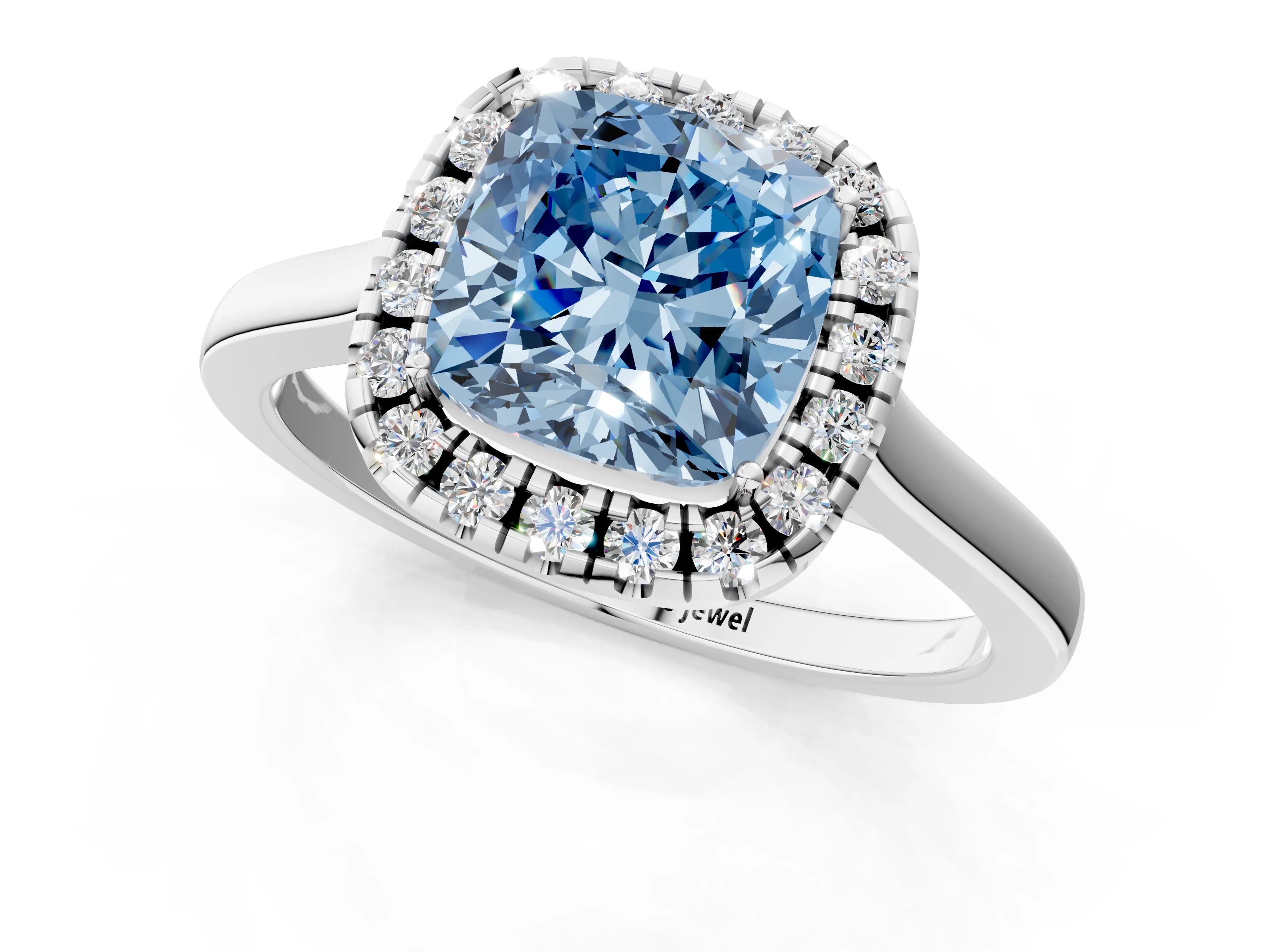 White gold Fancy Blue Cushion Cut Halo Round Diamond Solitaire Ring with Pavé Band and Four-Prong Setting_13