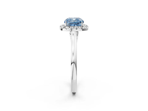 White gold Fancy Blue Cushion Cut Halo Round Diamond Solitaire Ring with Pavé Band and Four-Prong Setting_14