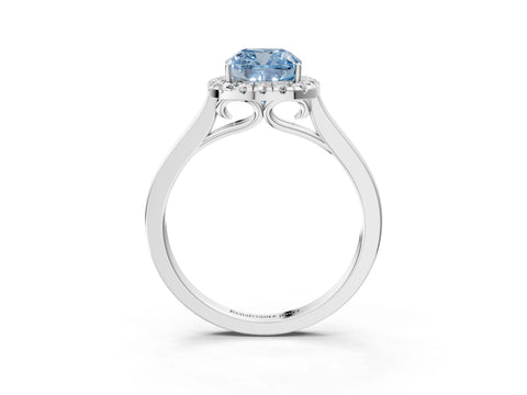 White gold Fancy Blue Cushion Cut Halo Round Diamond Solitaire Ring with Pavé Band and Four-Prong Setting_15