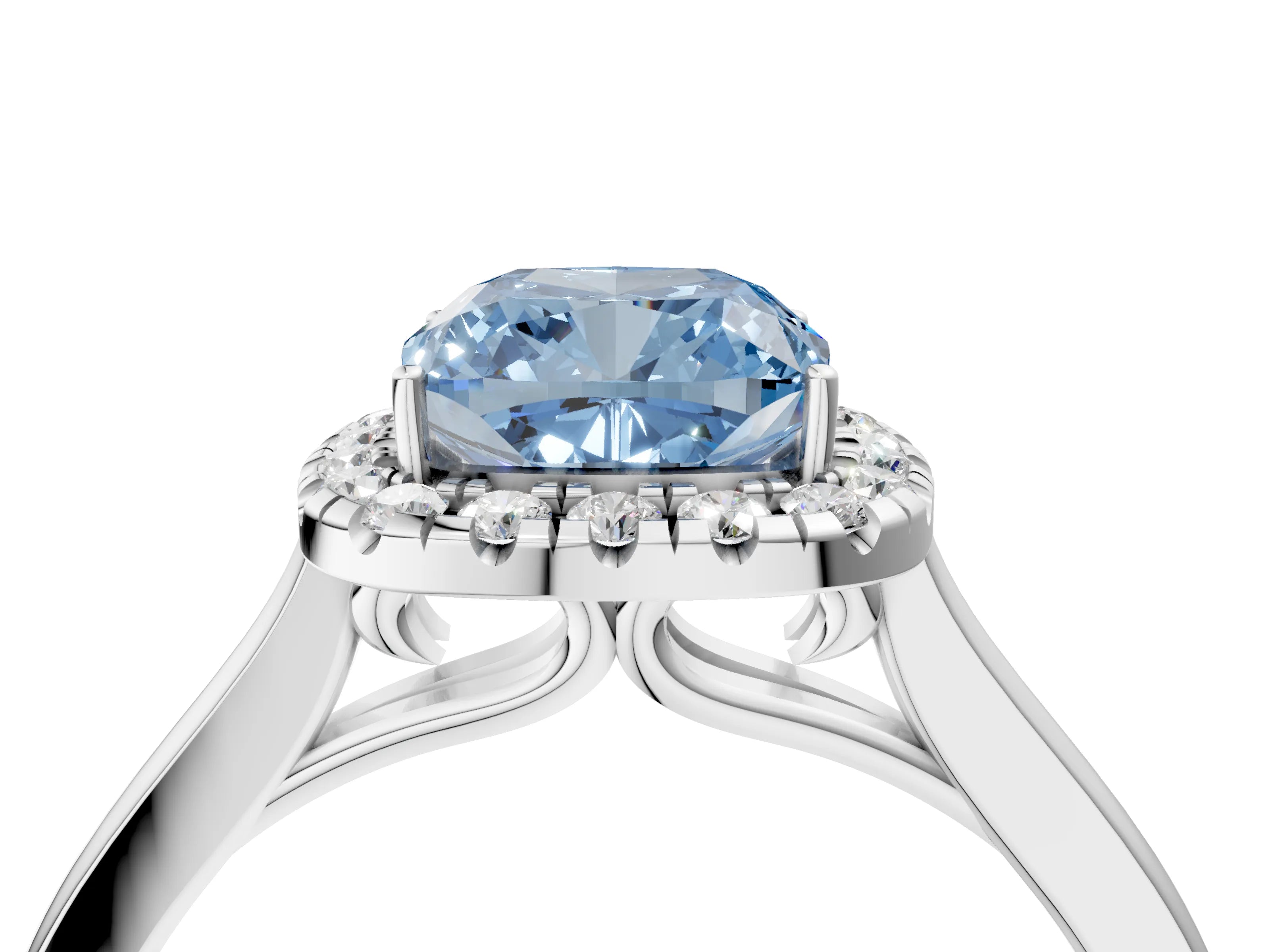 White gold Fancy Blue Cushion Cut Halo Round Diamond Solitaire Ring with Pavé Band and Four-Prong Setting_16