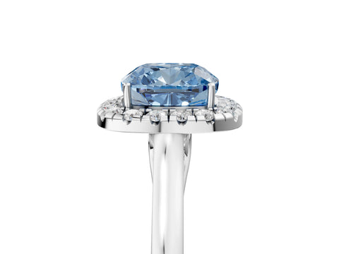 White gold Fancy Blue Cushion Cut Halo Round Diamond Solitaire Ring with Pavé Band and Four-Prong Setting_17