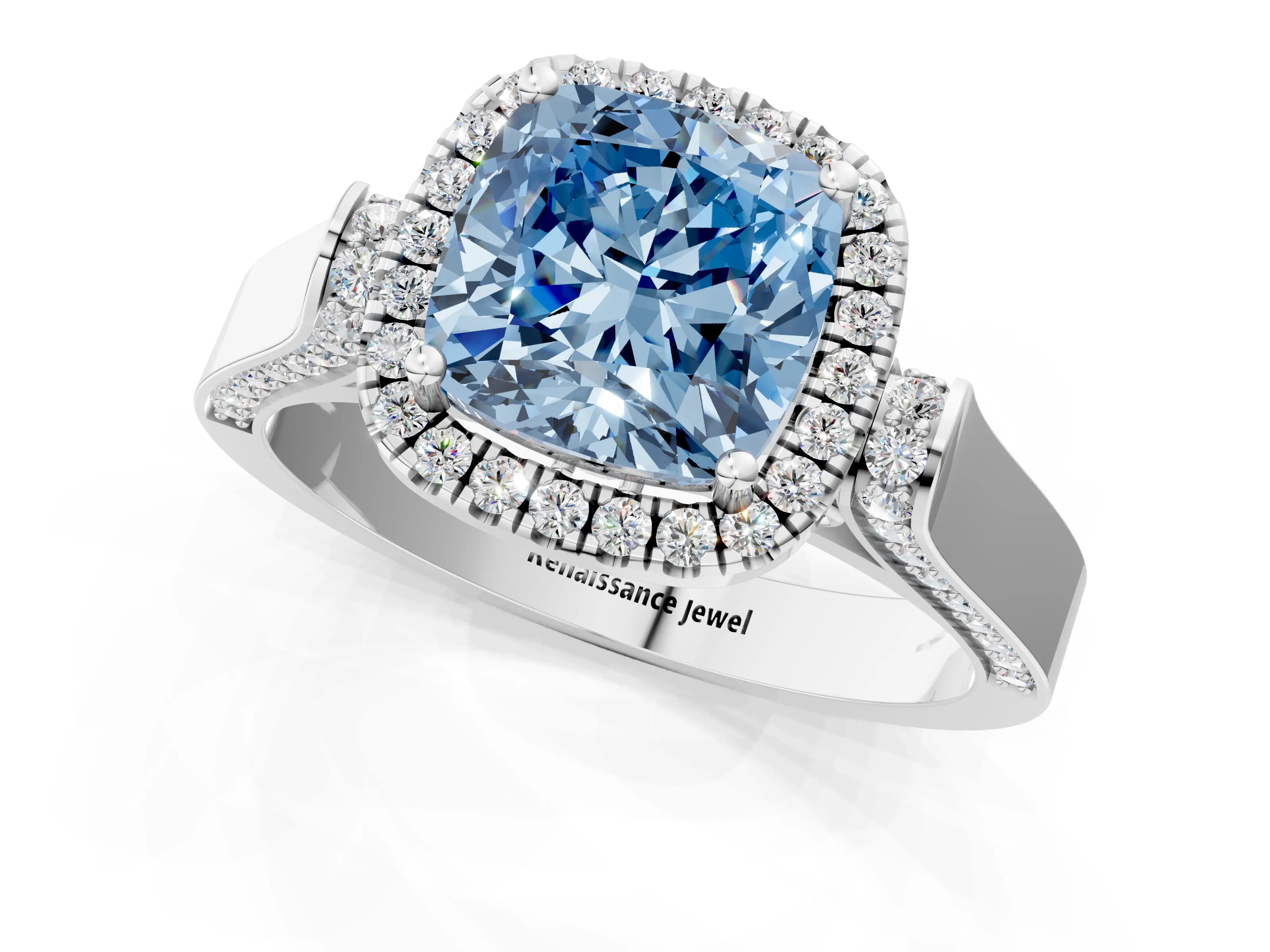 White gold Fancy Blue Cushion Cut Halo Round Diamond Twist Band with Four-Prong Setting_1