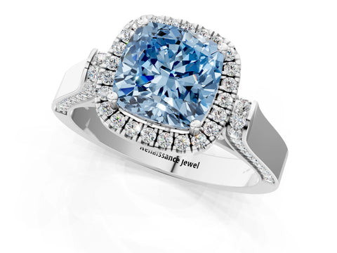 White gold Fancy Blue Cushion Cut Halo Round Diamond Twist Band with Four-Prong Setting_1