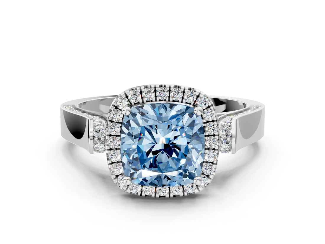 White gold Fancy Blue Cushion Cut Halo Round Diamond Twist Band with Four-Prong Setting_24