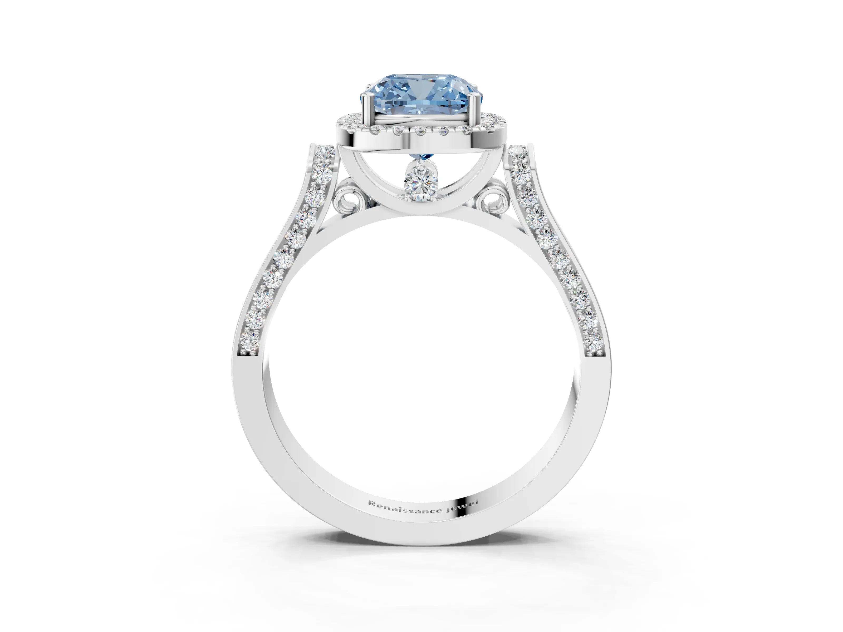 White gold Fancy Blue Cushion Cut Halo Round Diamond Twist Band with Four-Prong Setting_27