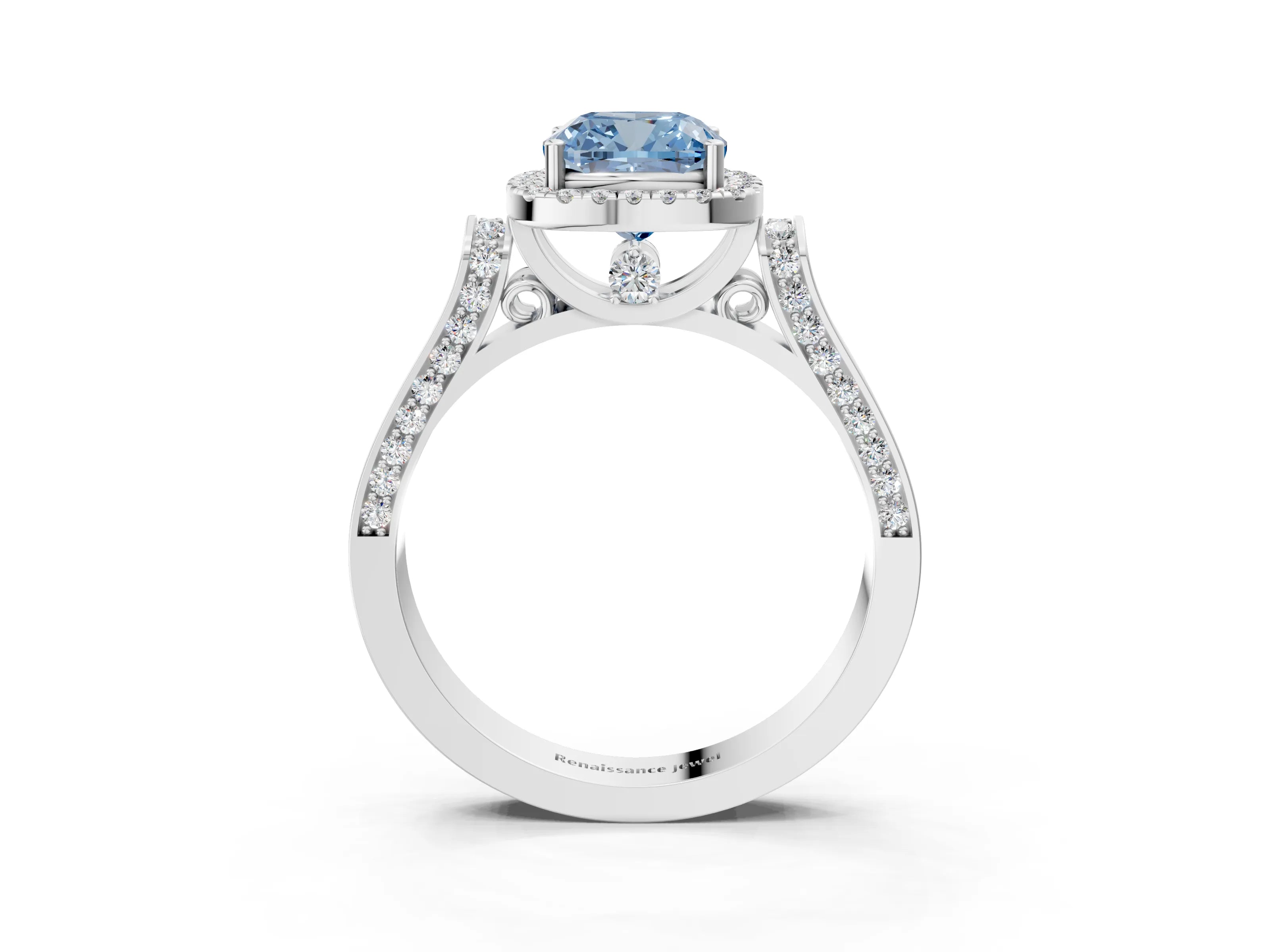 White gold Fancy Blue Cushion Cut Halo Round Diamond Twist Band with Four-Prong Setting_3