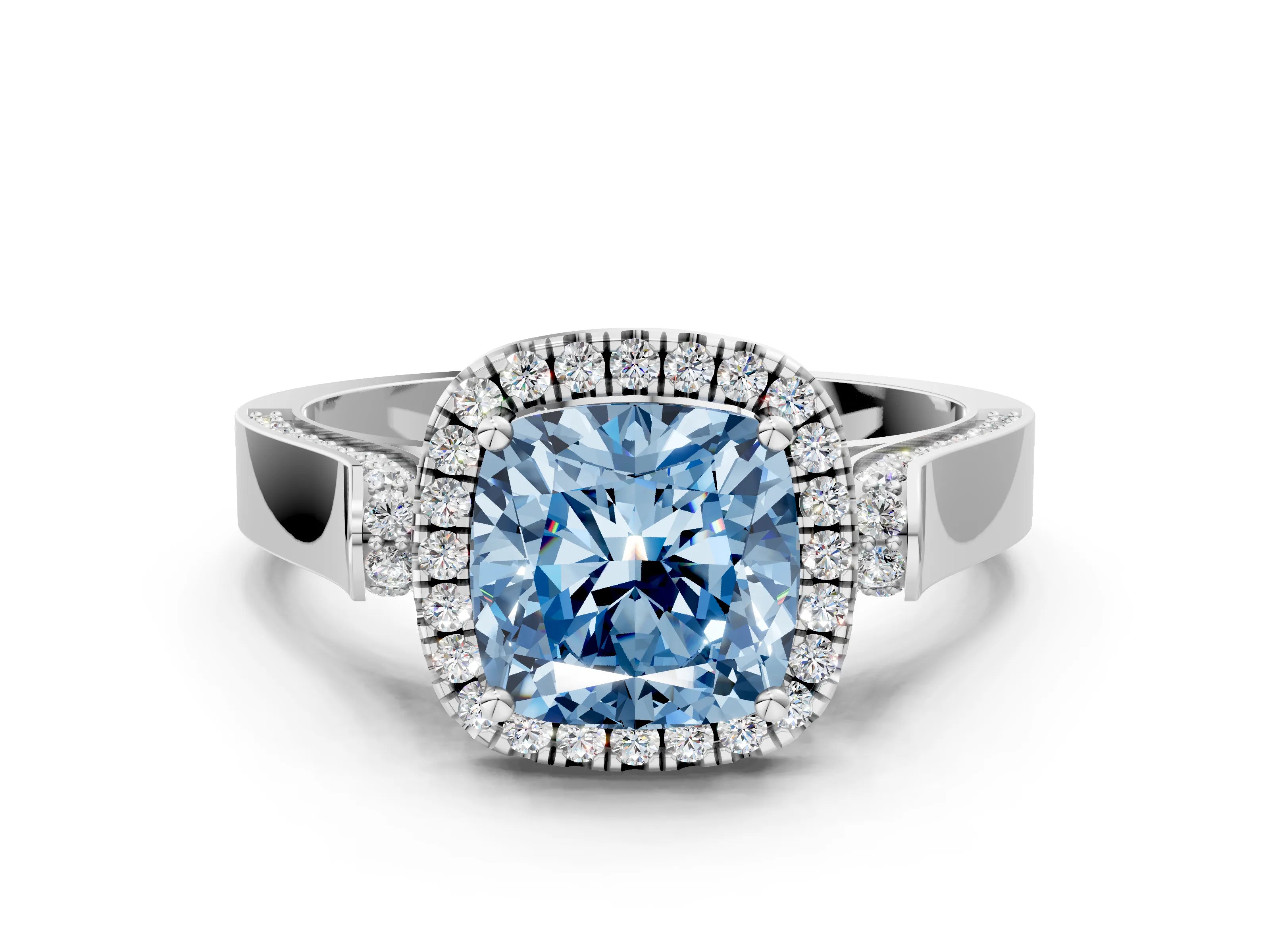 White gold Fancy Blue Cushion Cut Halo Round Diamond Twist Band with Four-Prong Setting