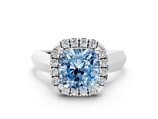 White gold Fancy Blue Cushion  Cut Halo Solitaire Engagement Ring with Square Band and Four-Prong Setting