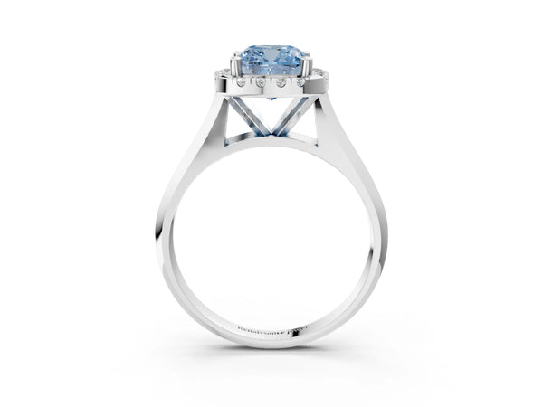 White gold Fancy Blue Cushion  Cut Halo Solitaire Engagement Ring with Square Band and Four-Prong Setting