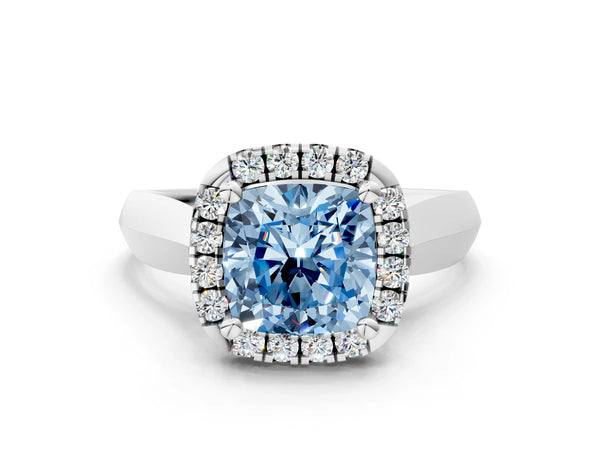 White gold Fancy Blue Cushion  Cut Halo Solitaire Engagement Ring with Square Band and Four-Prong Setting