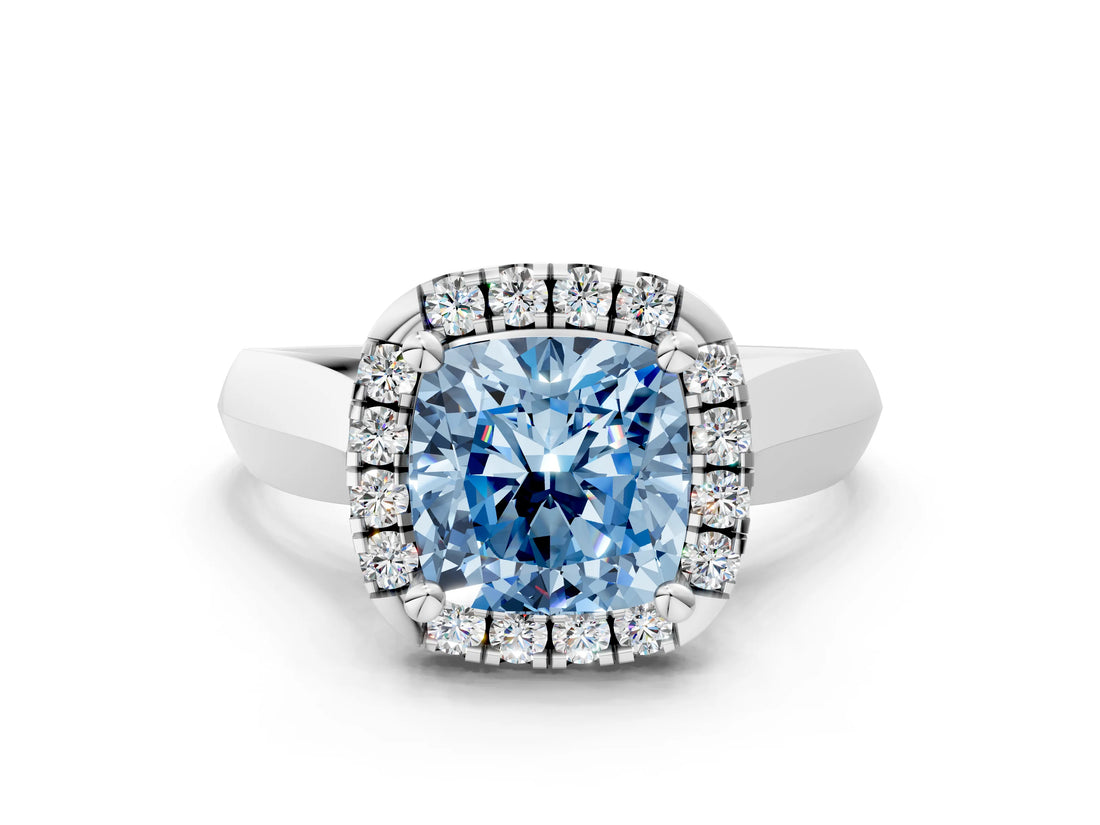 White gold Fancy Blue Cushion  Cut Halo Solitaire Engagement Ring with Square Band and Four-Prong Setting_126