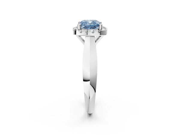 White gold Fancy Blue Cushion  Cut Halo Solitaire Engagement Ring with Square Band and Four-Prong Setting