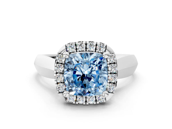 White gold Fancy Blue Cushion  Cut Halo Solitaire Engagement Ring with Square Band and Four-Prong Setting