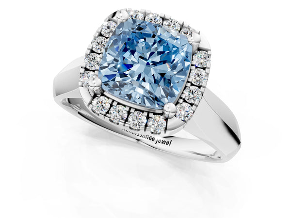 White gold Fancy Blue Cushion  Cut Halo Solitaire Engagement Ring with Square Band and Four-Prong Setting
