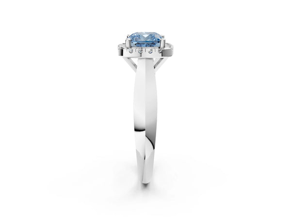 White gold Fancy Blue Cushion  Cut Halo Solitaire Engagement Ring with Square Band and Four-Prong Setting