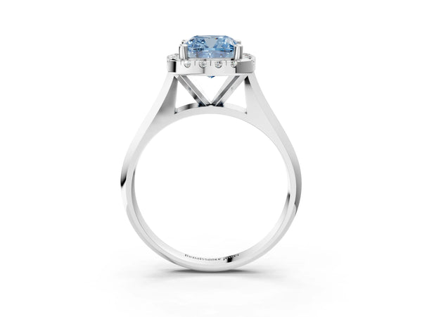 White gold Fancy Blue Cushion  Cut Halo Solitaire Engagement Ring with Square Band and Four-Prong Setting