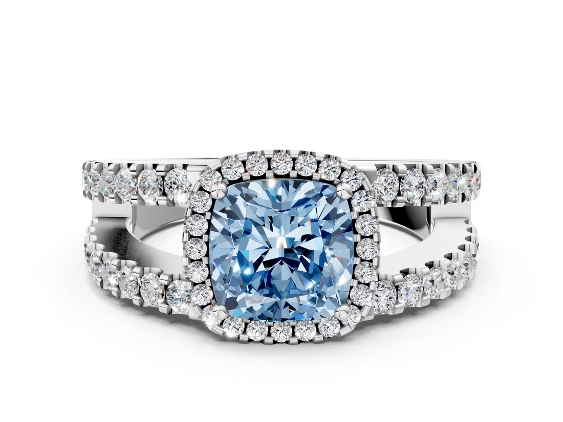 White gold Fancy Blue Cushion  Cut Halo Split Shank Diamond Ring with Four-Prong Setting_45