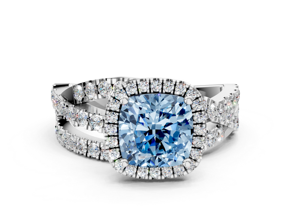 Platinum Fancy Blue Cushion  Cut Halo Split Shank Prong Setting Ring
