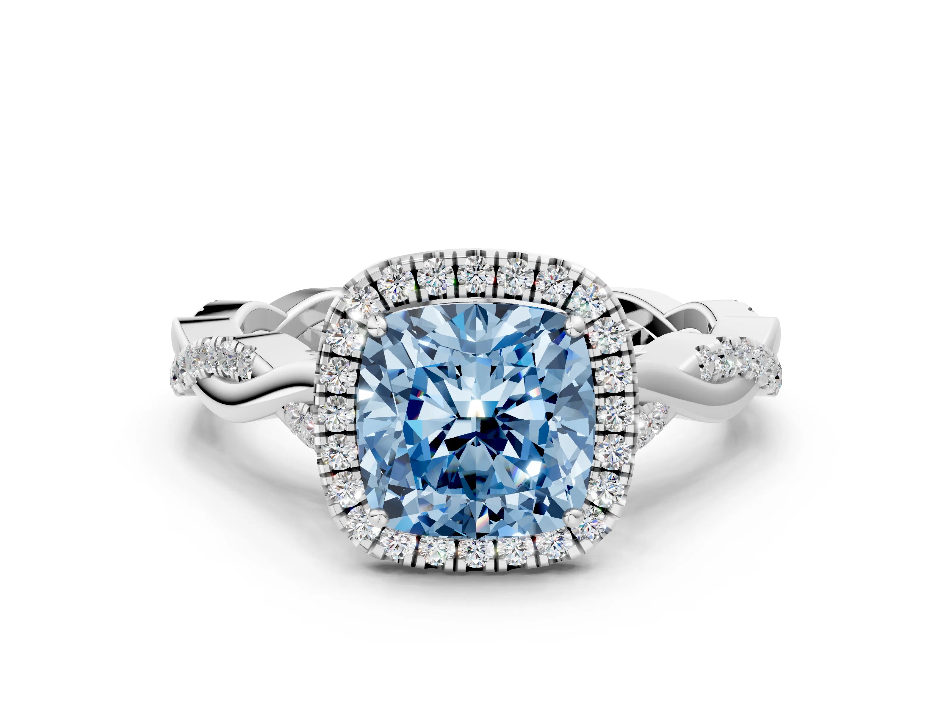White gold Fancy Blue Cushion Cut Halo Twist Band with Four-Prong Setting