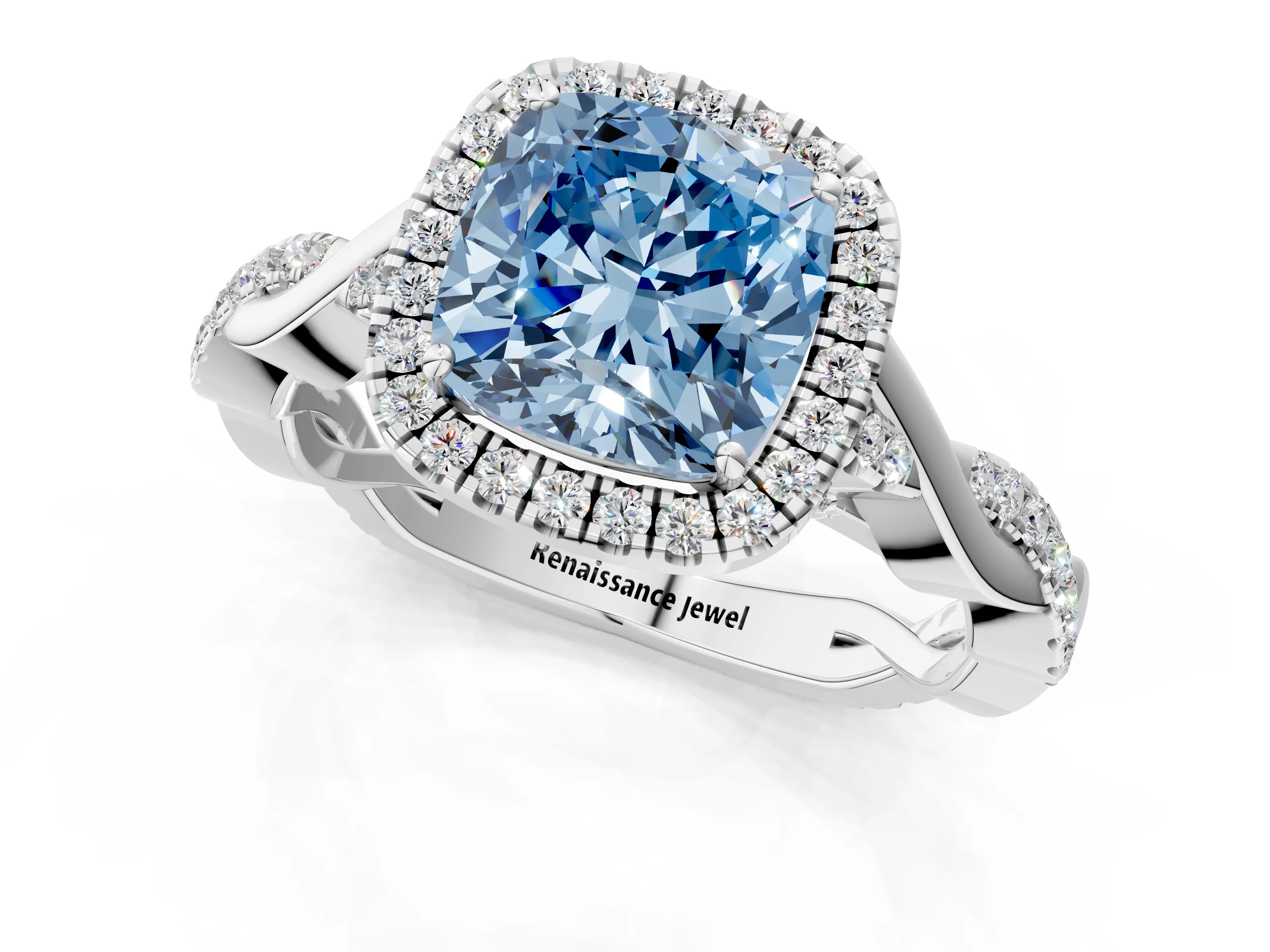 White gold Fancy Blue Cushion Cut Halo Twist Band with Four-Prong Setting_1