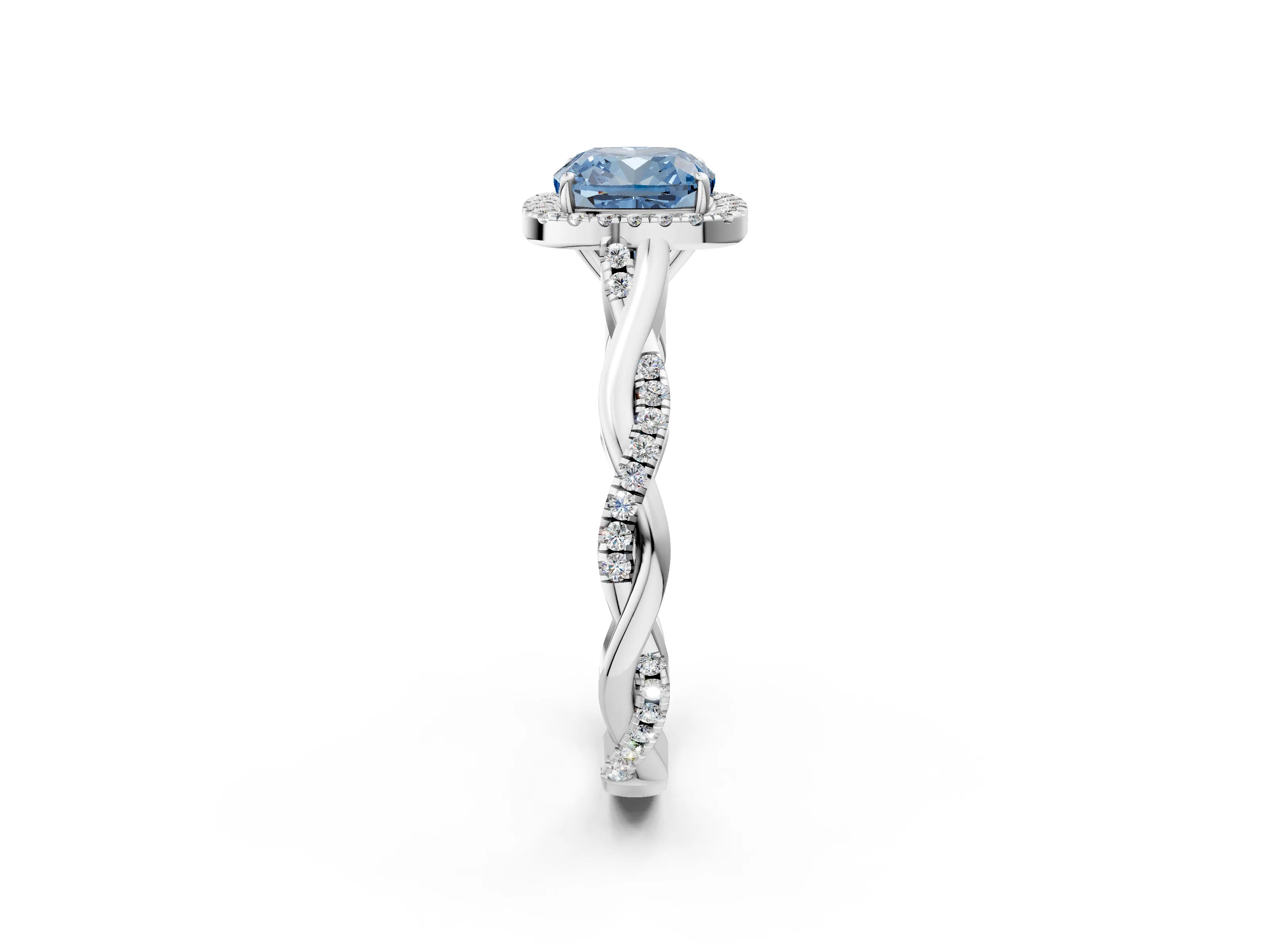 White gold Fancy Blue Cushion Cut Halo Twist Band with Four-Prong Setting_2