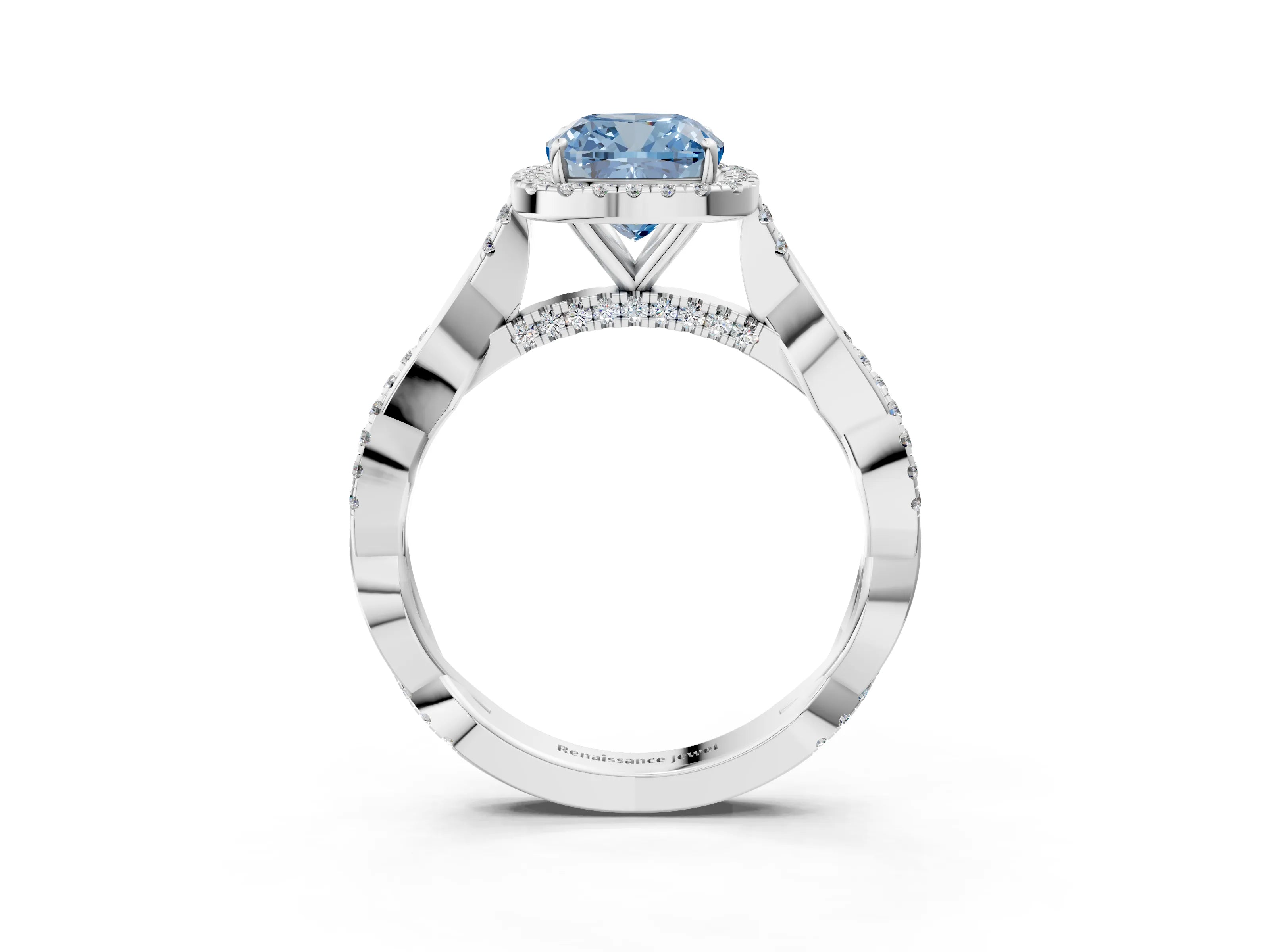 White gold Fancy Blue Cushion Cut Halo Twist Band with Four-Prong Setting_3
