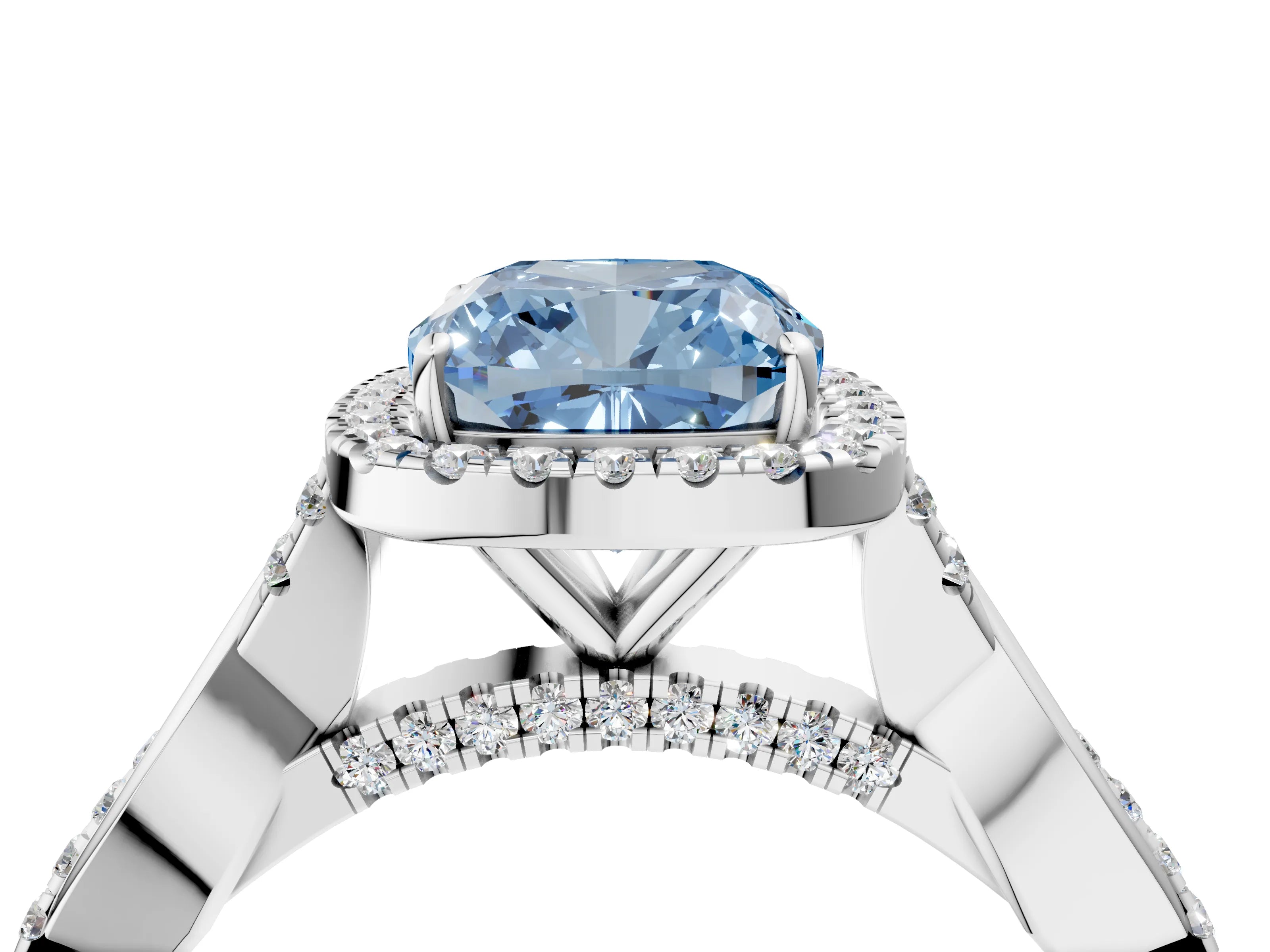 White gold Fancy Blue Cushion Cut Halo Twist Band with Four-Prong Setting_4