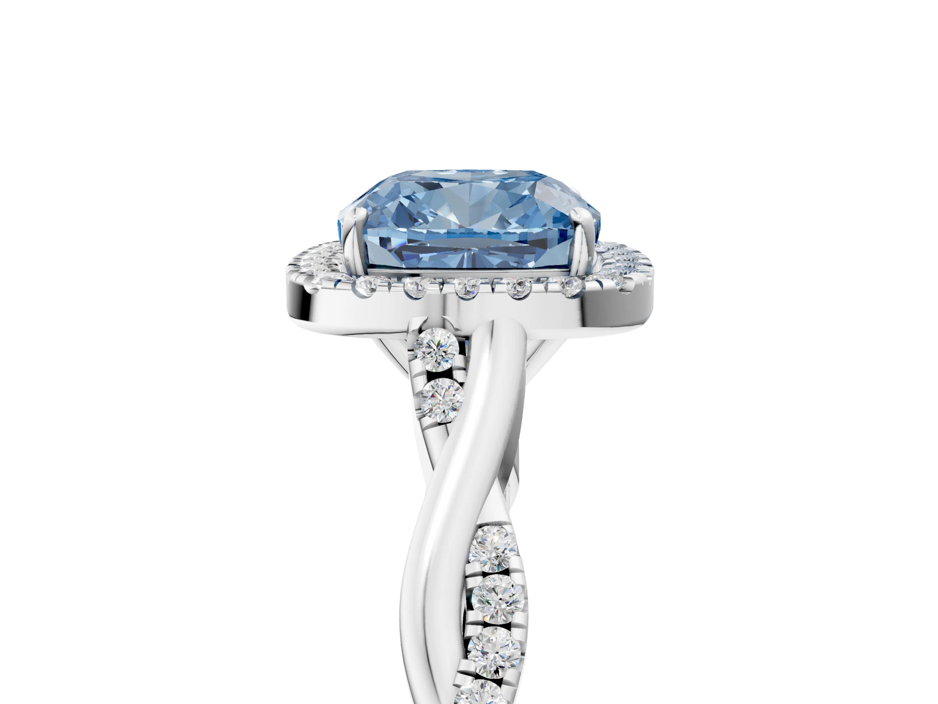 White gold Fancy Blue Cushion Cut Halo Twist Band with Four-Prong Setting_5