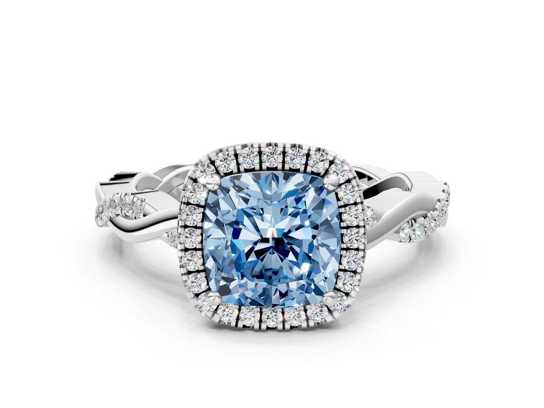 White gold Fancy Blue Cushion  Cut Halo Twisted Band Four-Prong Ring_20