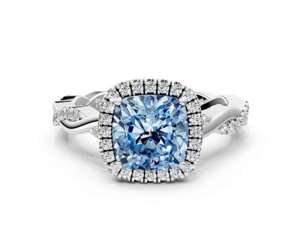 White gold Fancy Blue Cushion  Cut Halo Twisted Band Four-Prong Ring