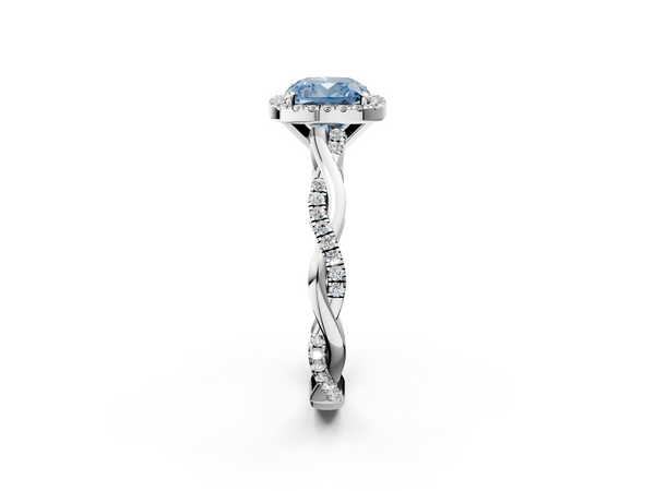 White gold Fancy Blue Cushion  Cut Halo Twisted Band Four-Prong Ring