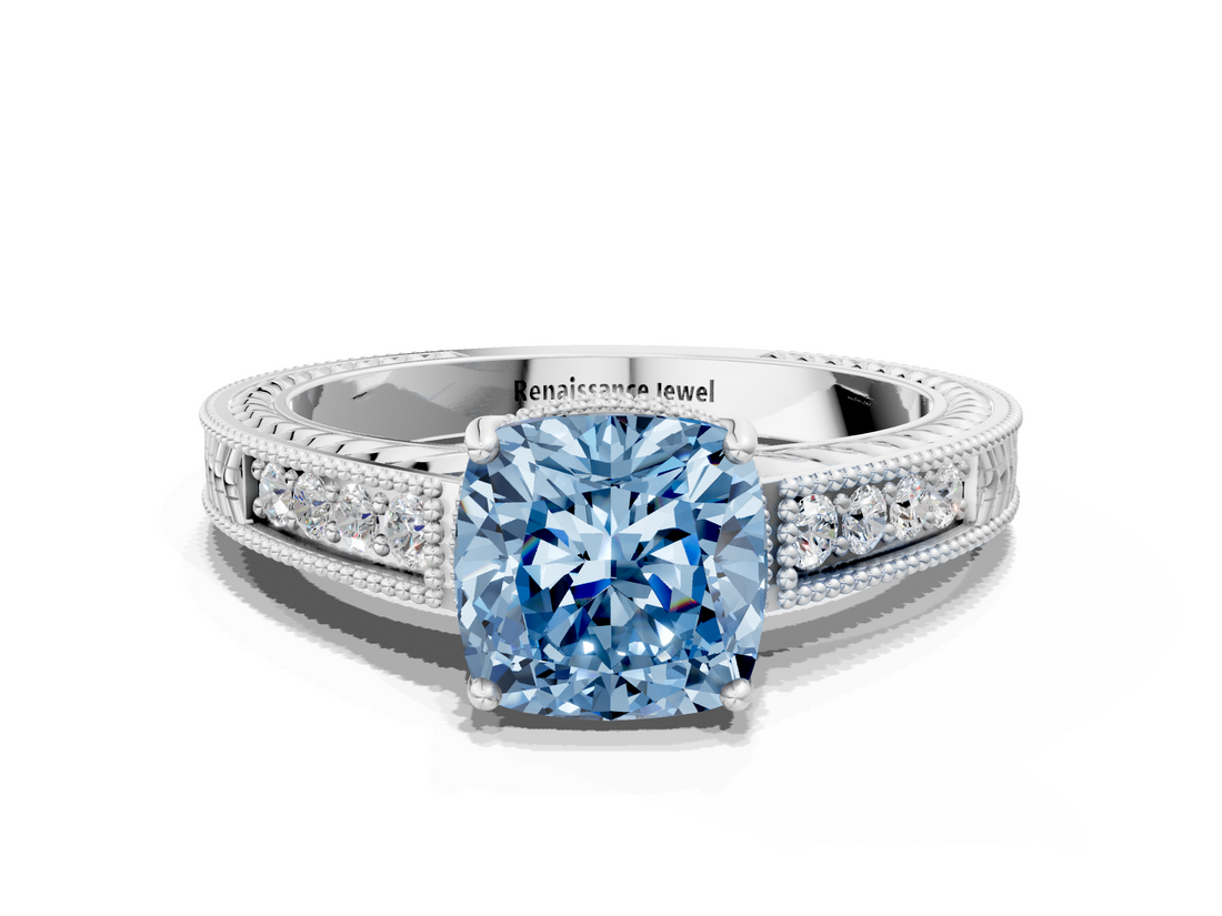 White gold Fancy Blue Cushion  Cut Milgrain Channel Set Engagement Ring with Solitaire Prong Setting_69