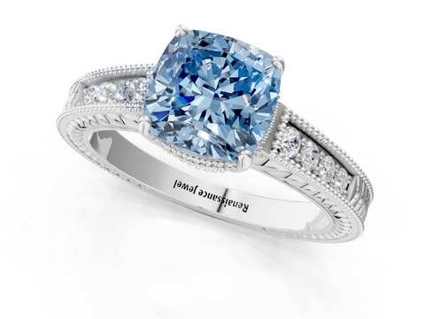 White gold Fancy Blue Cushion  Cut Milgrain Channel Set Engagement Ring with Solitaire Prong Setting_74