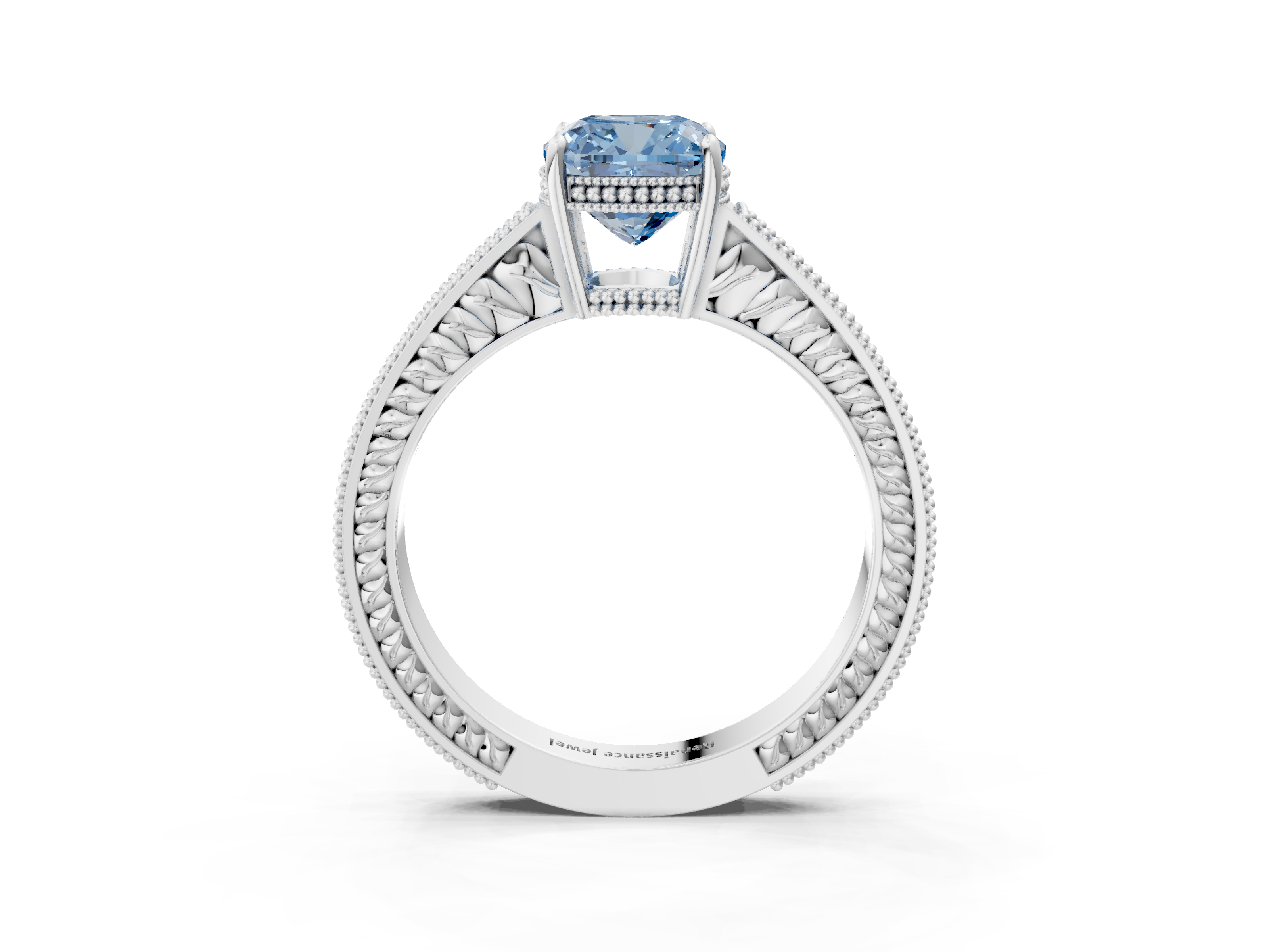 White gold Fancy Blue Cushion  Cut Milgrain Channel Set Engagement Ring with Solitaire Prong Setting_76