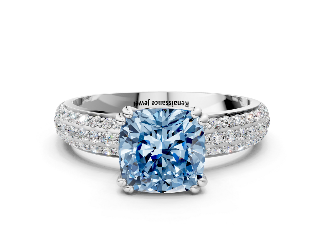 White gold Fancy Blue Cushion  Cut Pave Diamond Engagement Ring with Channel Set Band and Four-Prong Setting_20