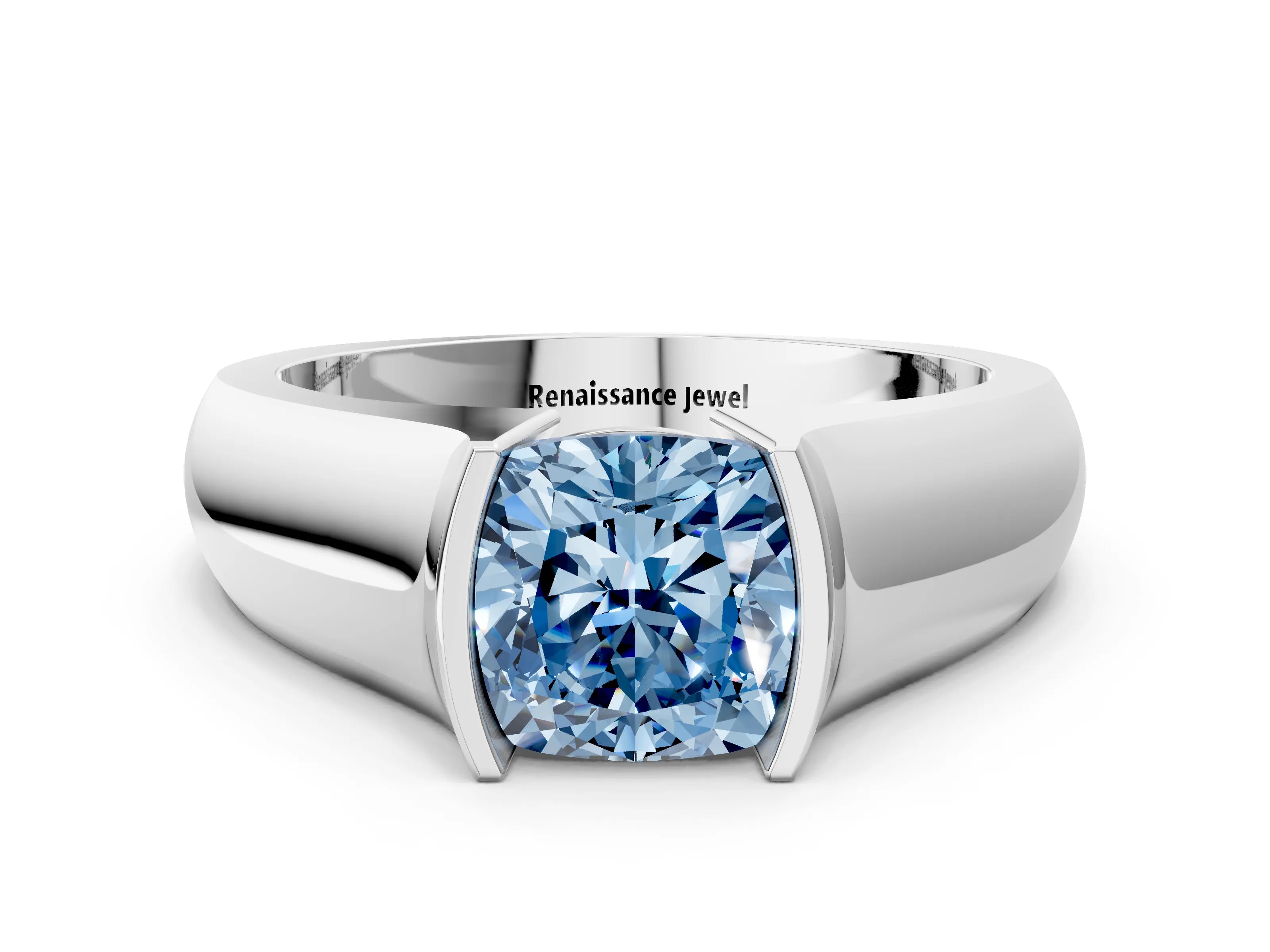 White gold Fancy Blue Cushion Cut Solitaire Bezel Set Diamond Ring with Wide Band_12