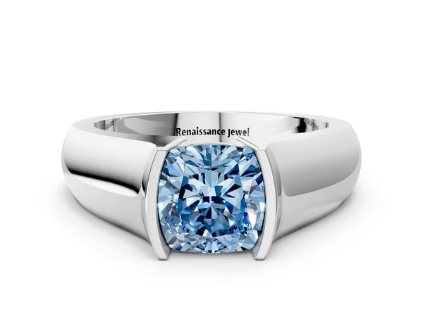 White gold Fancy Blue Cushion Cut Solitaire Bezel Set Diamond Ring with Wide Band