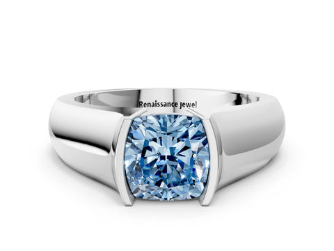 White gold Fancy Blue Cushion Cut Solitaire Bezel Set Diamond Ring with Wide Band_12