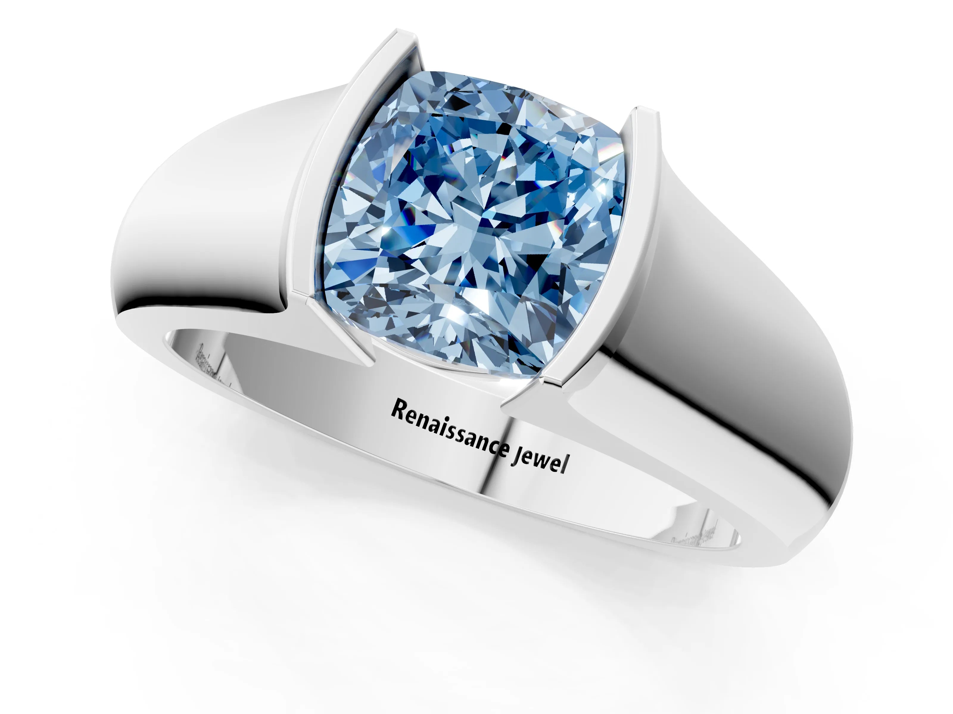 White gold Fancy Blue Cushion Cut Solitaire Bezel Set Diamond Ring with Wide Band_13