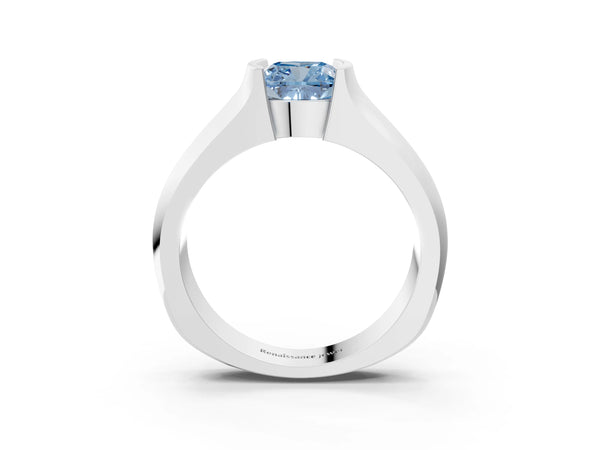 White gold Fancy Blue Cushion Cut Solitaire Bezel Set Diamond Ring with Wide Band