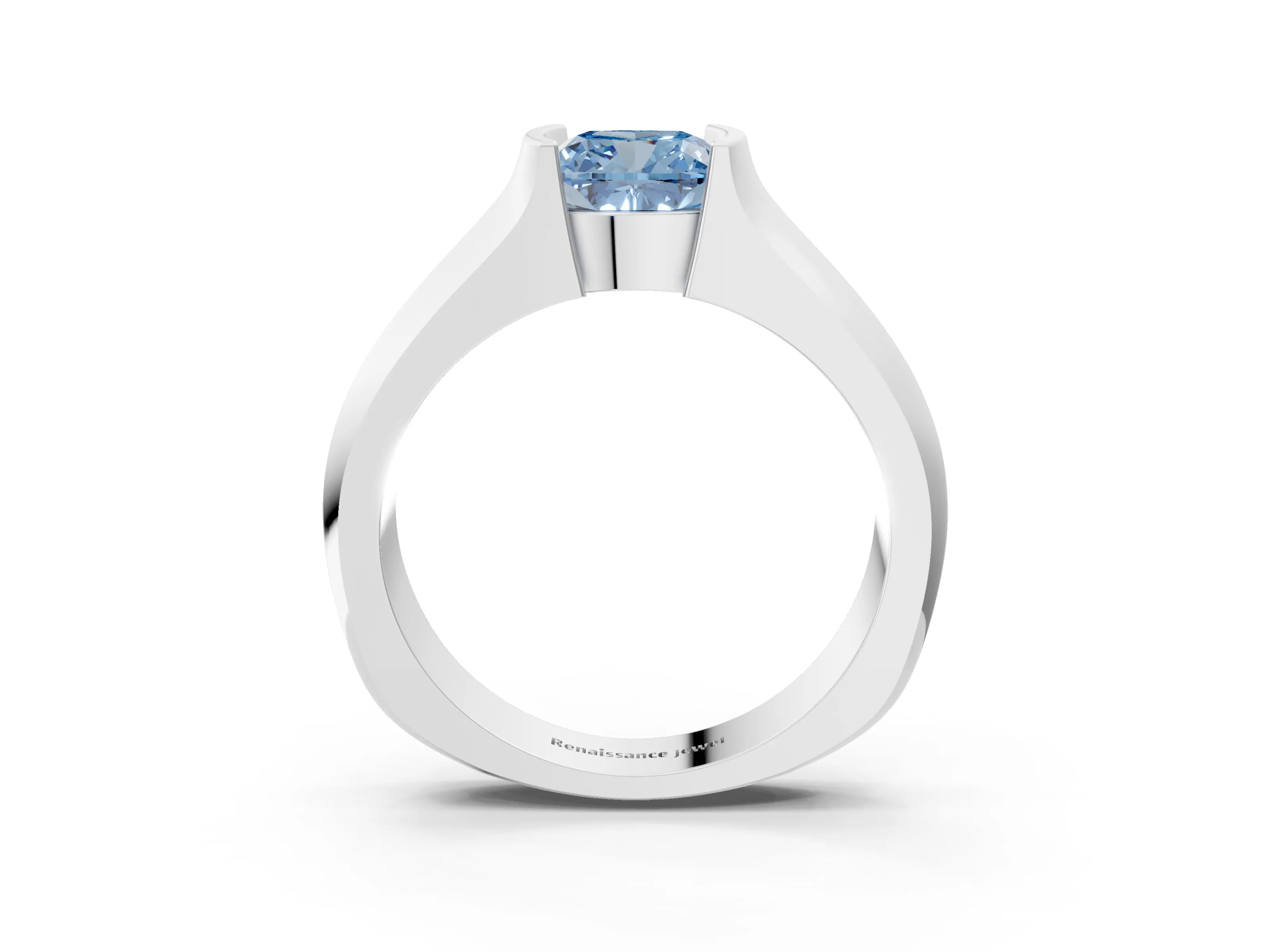 White gold Fancy Blue Cushion Cut Solitaire Bezel Set Diamond Ring with Wide Band_15