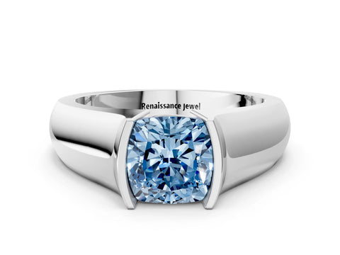 White gold Fancy Blue Cushion Cut Solitaire Bezel Set Diamond Ring with Wide Band