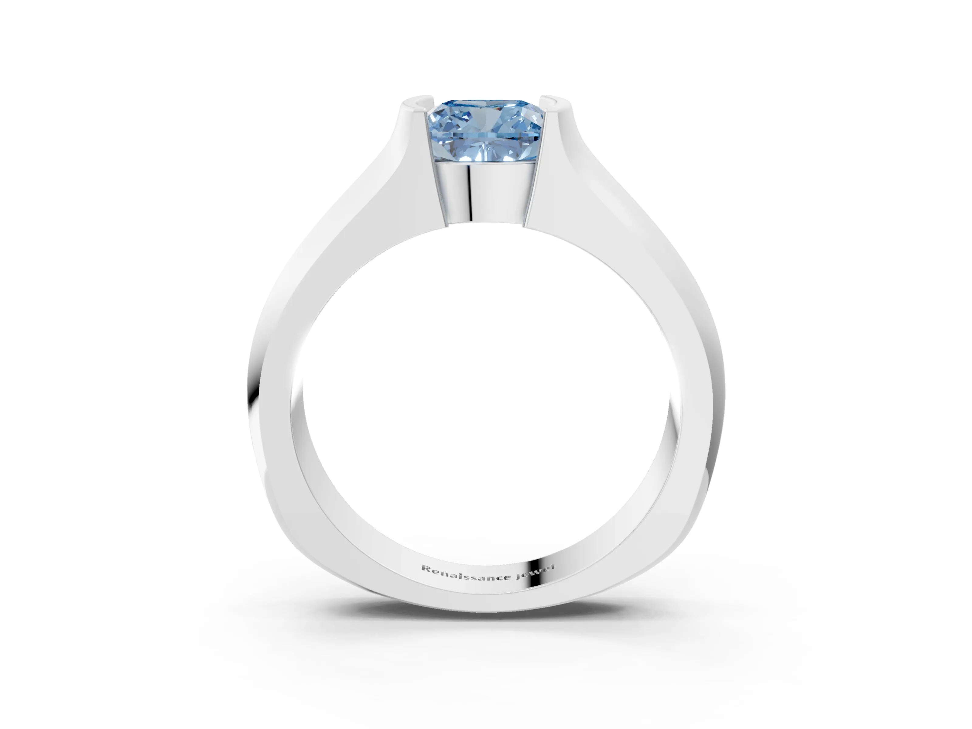 White gold Fancy Blue Cushion Cut Solitaire Bezel Set Diamond Ring with Wide Band_3