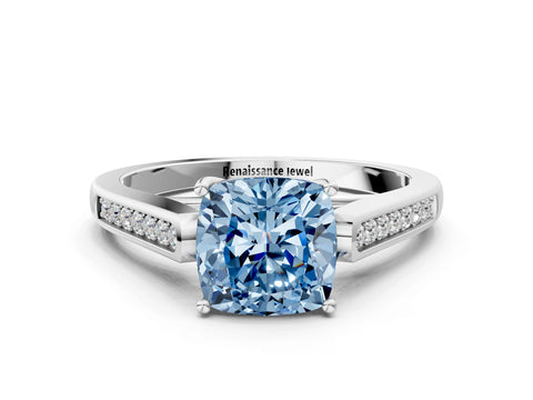 White gold Fancy Blue Cushion Cut Solitaire Cathedral Diamond Engagement Ring with Channel-Set Band and Four-Prong Setting_15